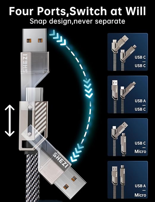 【One is Enough】 4-in-1 USB C to Micro Cable, High-Speed Charging & Fast Data Transfer,CarPlay & Android Auto Support Multi Charger Cord Combo Micro/Type C/USB A for iPhone/Samsung/iPad,3FT