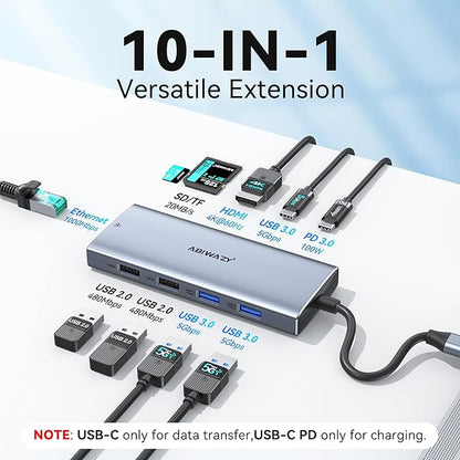 USB C Hub Adapter for MacBook Pro Air,10 in 1 USB C to USB HDMI Ethernet Hub Mac Dongle Accessories Converter for laptops (4K@60Hz HDMI+Ethernet+4USB+1USB-C Data Port+SD/TF Card Reader+100W PD)