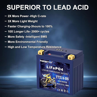 YTX14-BS Lithium Motorcycle Battery, ATV Battery 12V 8AH 600CCA Compatible with Yamaha Scooter Snowmobile Jet Ski, Scooter, PWC & More