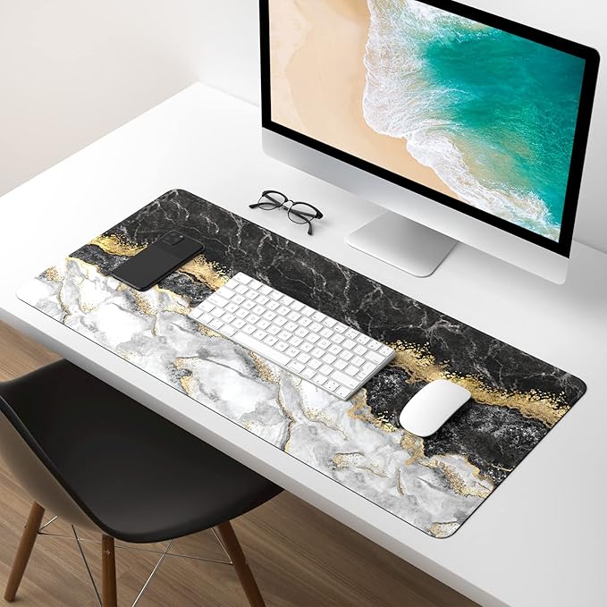 Extended Gaming Mouse Pad, XXL Large Mouse Mat 30 x 14 Inch, Big Computer Keyboard Mousepad, Waterproof Desk Pad with Stitched Edges and Non-Slip Base for Office Gaming, Black Cracked Marble