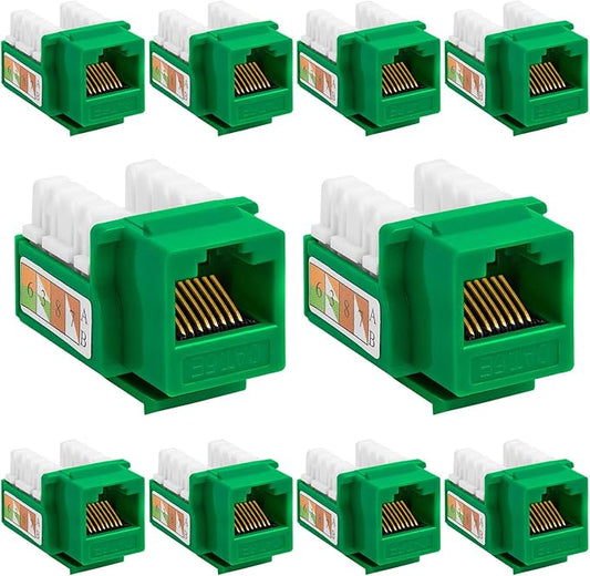 Cmple - Cat5 Keystone Jack 10-Pack 1Gbps RJ45 Keystone Jack 90° Degree Punch Down for RJ45 Connectors, Patch Panel and Wall Plate in Green