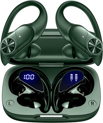 PocBuds Bluetooth Headphones Wireless Earbuds 80hrs Playtime Wireless Charging Case Digital Display Sports Ear Buds with Earhook Deep Bass IPX7 Waterproof Over-Ear Earphones for TV Phone Laptop Olive