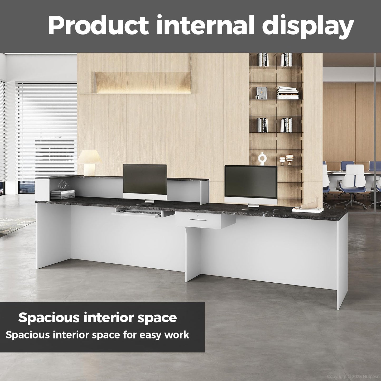 Nuipesn 71" Modern Reception Desk with Counter, Lockable Drawer, Keyboard Tray & Cable Grommet, Left Layout, White + Black