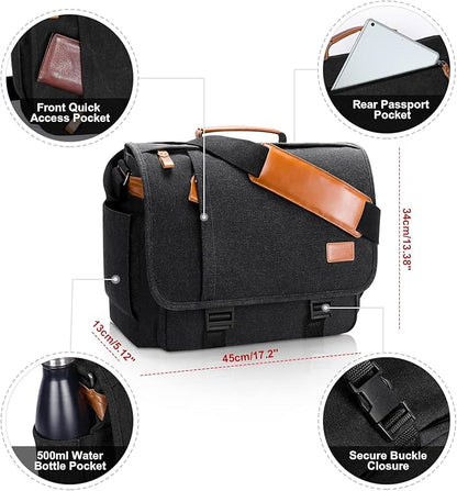 ESTARER Men Messenger Bag 15.6 inch, Water-resistant Canvas Computer Work Bag, Laptop Shoulder Bag Briefcase Satchel, Dark Grey