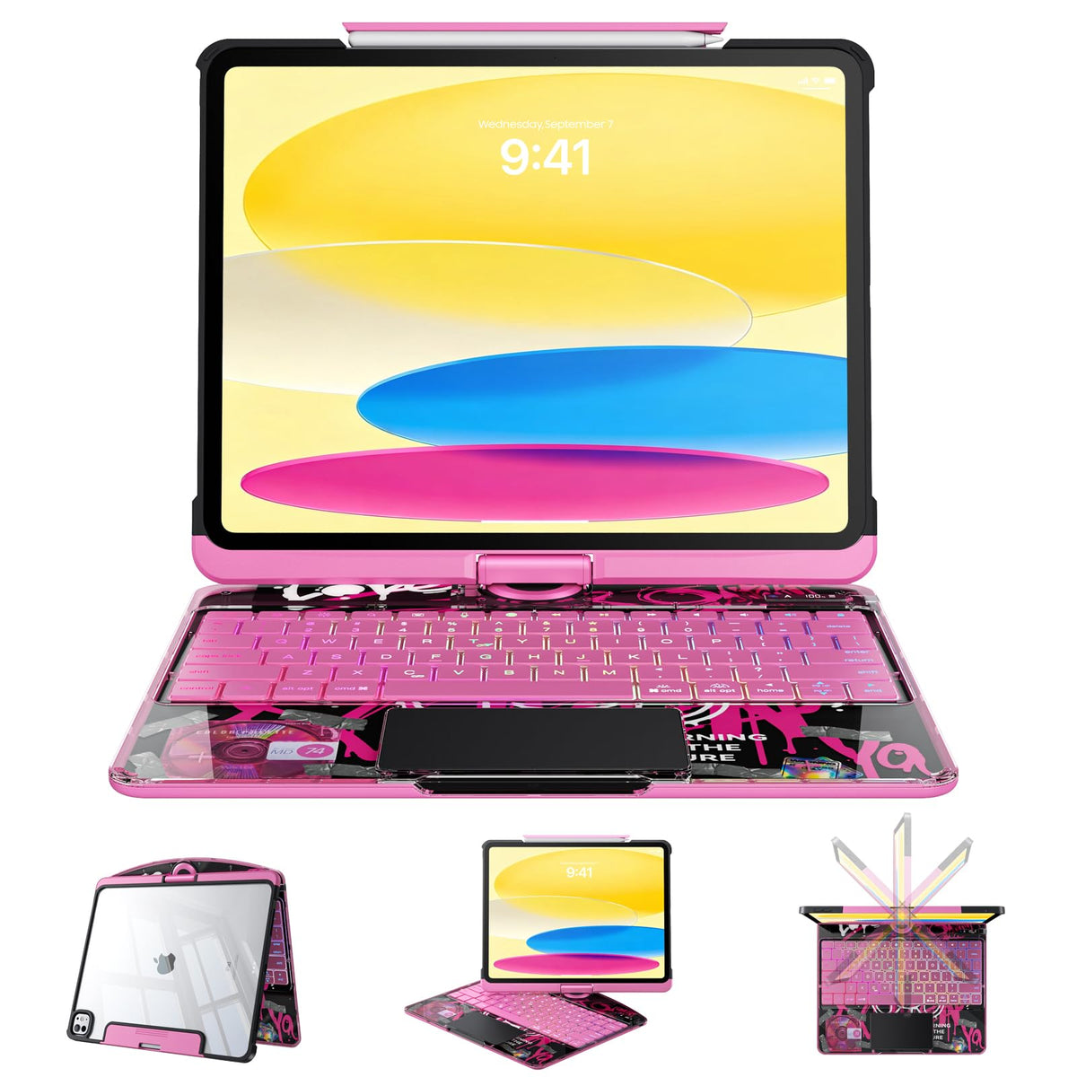 Tiaota Transparent Case Keyboard for iPad 11th Gen 11 inch (A16, 2025) & 2022 iPad 10th Gen 10.9 in,7-Color Backlit,Wireless Keyboard, 360°Rotating,Multi-Touch trackpad, Pencil Slot,Shortcuts,Black