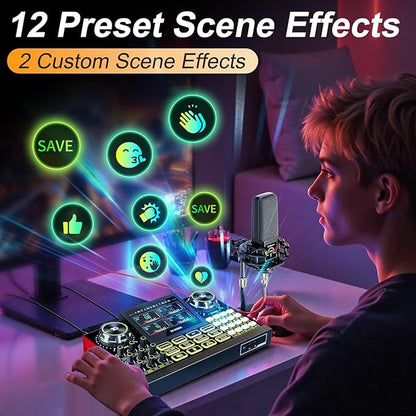 Podcast equipment bundle with live sound card audio mixer, podcast equipment with 3.5mm microphone, soundboard for phone, computer, live streaming, singing, recording, and content creation.