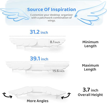 Dual Monitor Stand Riser, Wing-Shaped Sturdy Desktop Wood Stand for 2 Monitors, White Riser for Laptop, PC, Computer