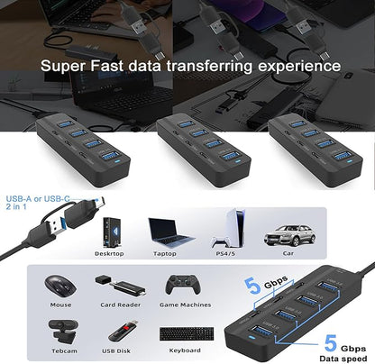 USB C Hub, 5Gbps 7 Ports USB 3.0, USB Hub with USB C Long Cable USB Splitter Multiport Adapter Compatible with Thunderbolt3/4,MacBook, iMac, Surface Pro