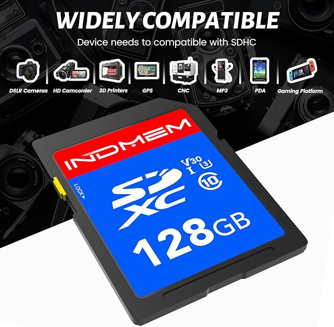 INDMEM SD Card 128GB 6-Pack, Class 10 128GB High Speed up to 90M/S Full HD Video Flash Memory Card MLC Standard Secure Digital Cards Camera Cards