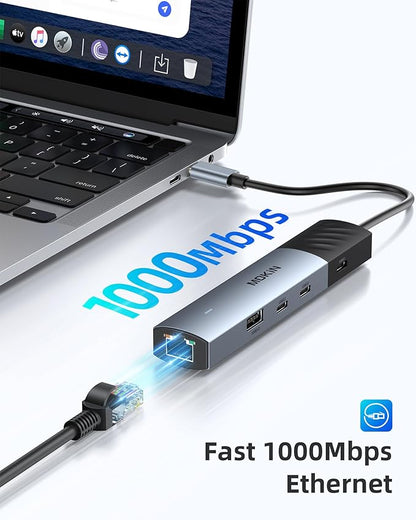 MOKiN 10Gbps USB C Hub Ethernet, 7 in 1 USB C Adapter for MacBook Pro/Air with 4K@60HZ HDMI, 3*USB-C 10Gbps Data, RJ45, USB 2.0, 100W PD, USB C Dongle for MacBook Pro/Air/Dell/HP/Thinkpad/Lenovo.