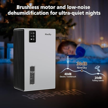NineSky Dehumidifiers for Home, 95 OZ Water Tank, (1000 sq.ft) Dehumidifiers for Bathroom Bedroom Basement with Auto Shut Off,7 Colors LED Light(Silver)