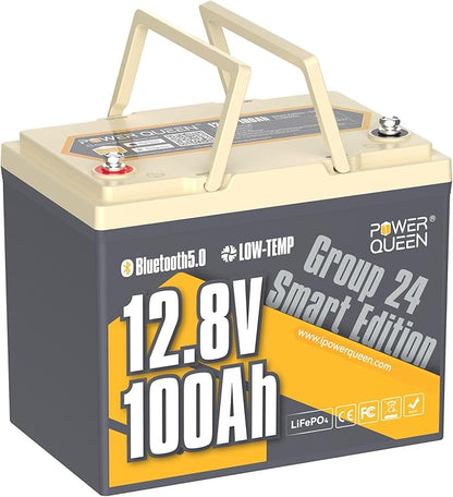 Power Queen Bluetooth 12V 100Ah LiFePO4 Battery, Group 24 Deep Cycle Battery Max. Output Power 1280W, 100A BMS with Low-Temp Cut-off Protection for RV, Trolling Motors, Solar System