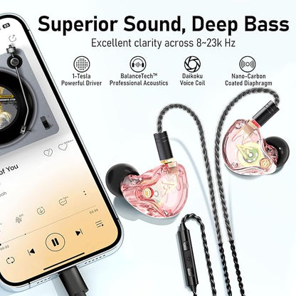 Vibes 202MC USB-C Wired Earbuds - HiFi in Ear Headphones - USBC for iPhone 16/15 - Noise-Isolating Ear Buds w/ Mic - Clear Sound, Deep Bass & Comfort-Fit Earphones - Silver Plated Cord, Carrying Case