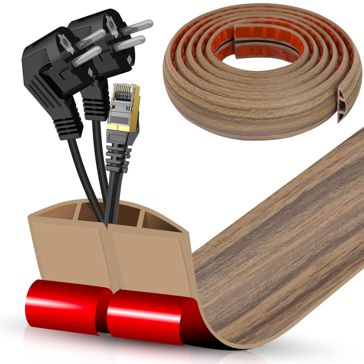 Floor Cord Cover Cavity 0.8"x0.37" Self Adhesive Cord Hider, 10FT Low Profile Cable Management, Extension Strip Protector for Wires, Prevent Cable Trips for Offices, Gyms, Exhibitions (Brown Wood)
