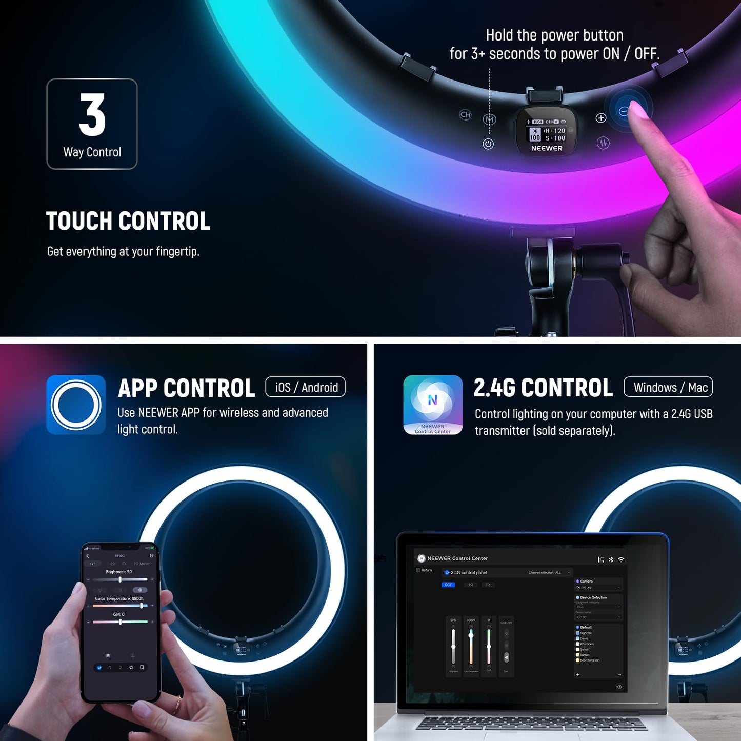 NEEWER 19" RGB LED Ring Light with Stand, 3 Phone Holders, Touch Panel, 2.4G/App Control, 42W CRI97+ 2800lux/0.5m 360° Hue Dimmable Professional Lighting for Makeup Live Streaming Zoom Calls, RP19C
