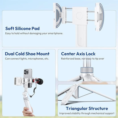 ULANZI TT88 Magnetic Tripod for iPhone 17, 57" Extendable Selfie Stick w Remote, 2-in-1 Phone Clip & Dual Cold Shoe Mounts-Lightweight Phone Tripod Stand for Vlogging, Travel, Video Recording, White