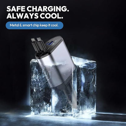 120W Retractable Car Charger 4-in-1 USB-C & Lightning Cable – Fast Charging Adapter for iPhone 16/15/14, Samsung, Android | USB Type-C Port + LED Voltage Display | Multi-Device Car Charger