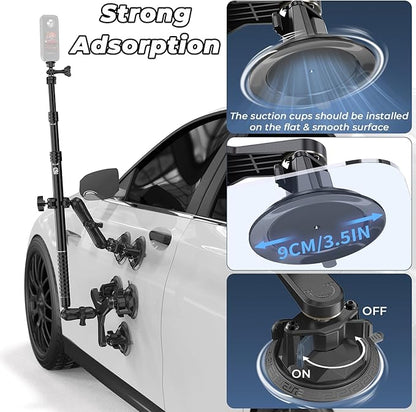 Suction Cup Car Mount - Aluminum Alloy Extendable Selfie Stick, Five 3.5" Large Suction Cup Car Windshield Camera Mount with Tripod Adapter Compatible with GoPro Insta360 DJI Action Cameras