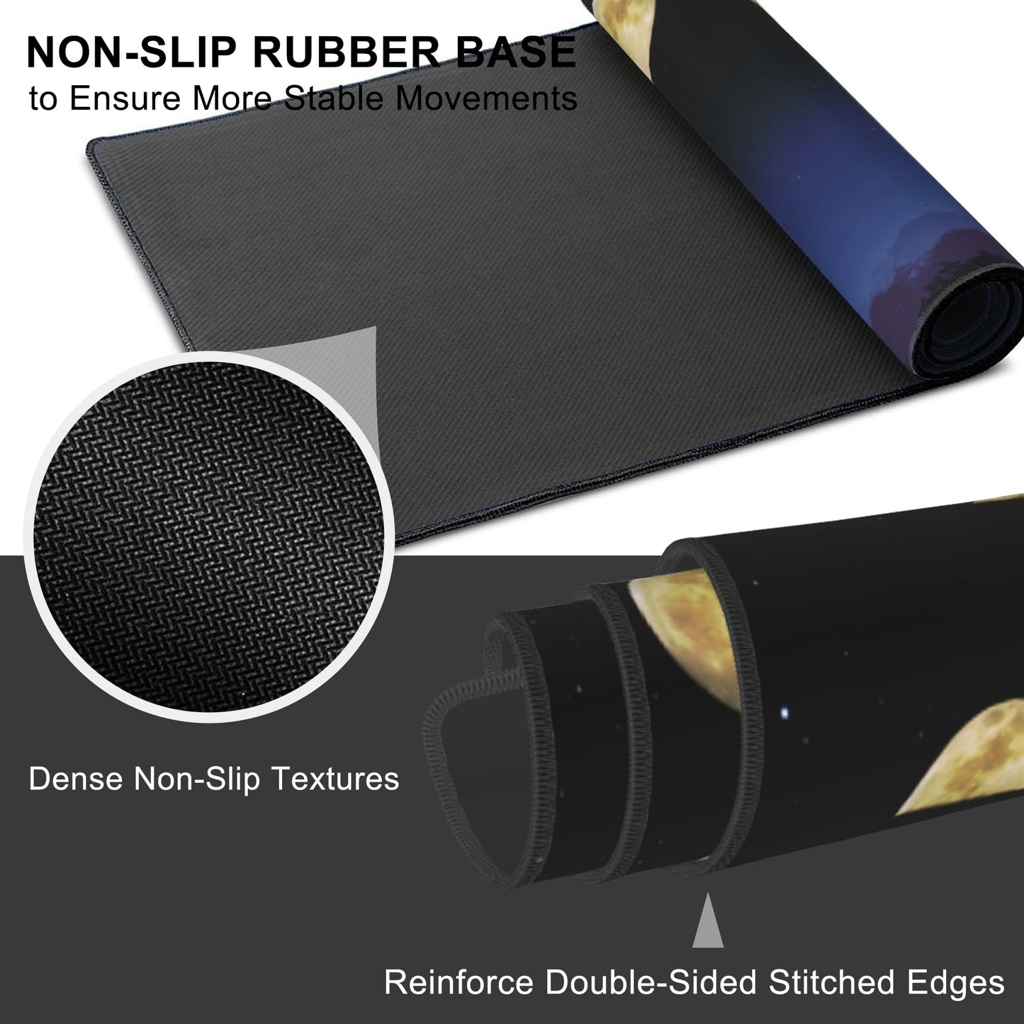 Mouse Pad, Large Moon Phase and Forest Desk Mat, Extended Non-Slip Gaming Keyboard Mousepad Desk Pad, Thick Stitched Edges Waterproof Mouse Mat 31.5"x15.7" (Moon Phase Changes)