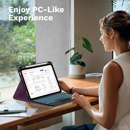 MoKo Touch Keyboard Case for iPad (A16) 11th Generation 11 inch 2025, iPad 10th Generation 10.9 inch Case with Pencil Holder, 7 Colors Backlit Multi-TrackPad Detachable Bluetooth Keyboard, Dark Purple