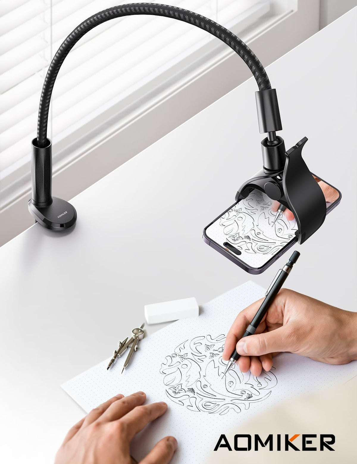 Aomiker Gooseneck Phone Holder for Bed - [Unique Nylon Braid] 38” Long Flexible Lazy Arm Clip, 360 Adjustable Overhead Phone Mount for iPhone 15 14 13 12 11 Pro Max Mini Plus, All 4-7" Cellphone