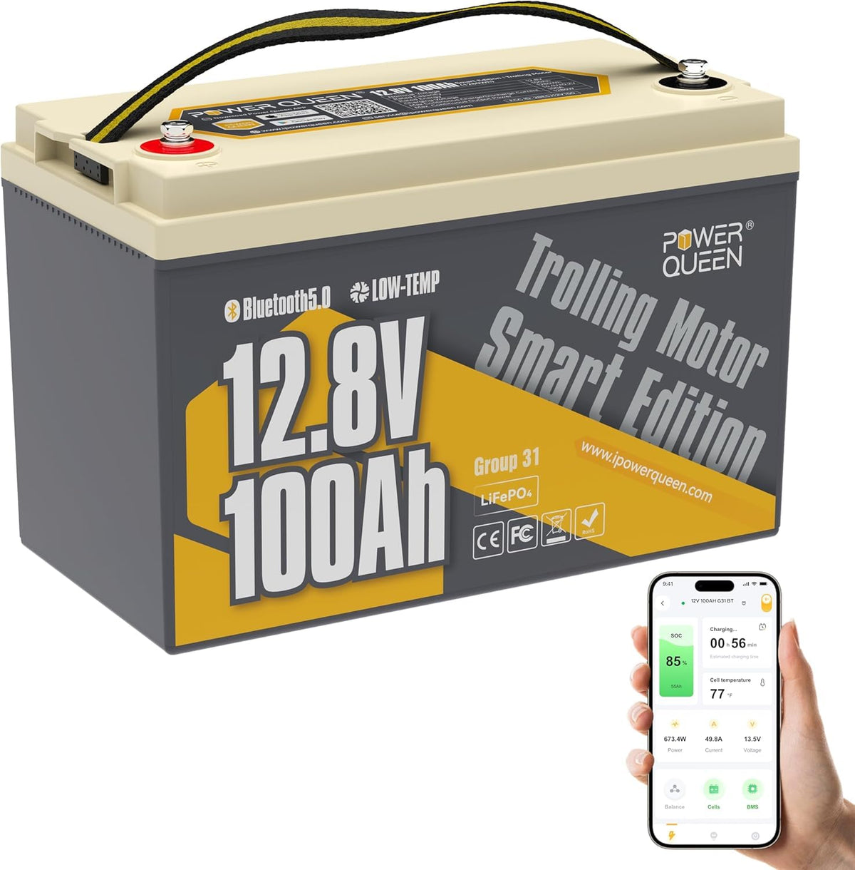 Power Queen 12V 100Ah LiFePO4 Lithium Battery, Group 24 for RV Trailer