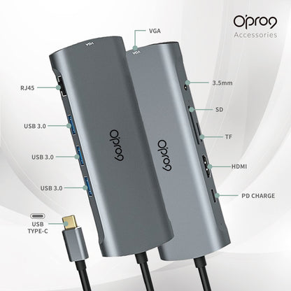 Opro9 10-in-1 USB C Hub Multiport Adapter, Laptop Docking Station Dual 4K HDMI / 1080P VGA, USB 3.0, PD 100W, Gigabit Ethernet, SD/TF Card Reader, 3.5mm Audio Jack, for Windows & MacBook PC, Laptops