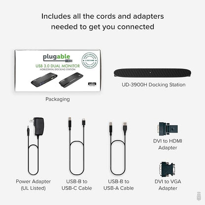 Plugable USB 3.0 Universal Docking Station for Windows, macOS, ChromeOS (Dual HDMI Monitors or DVI/VGA, Gigabit Ethernet, Audio, 6 USB Ports)
