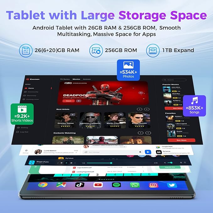 Android Tablet with Keyboard, 26GB RAM, 256GB ROM(1TB Expand), 10.1 inch Android 14 Tablet, 8000mAh Battery, BT 5.0, GMS Certified, 2.4G&5G WiFi, 2 in 1 Tablets with Mouse, Case, Stylus(Gray Case)