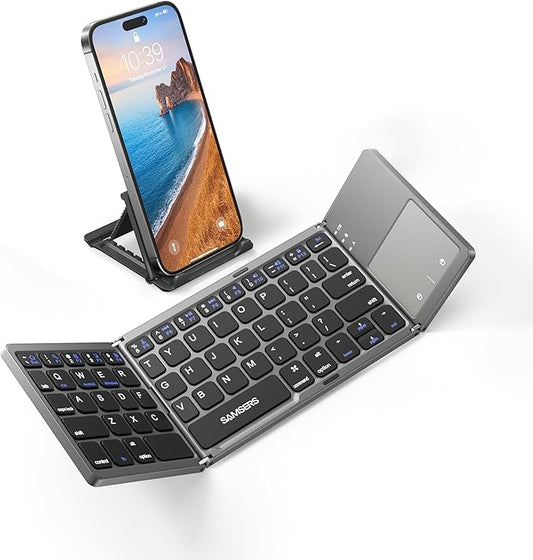 Samsers Foldable Bluetooth Keyboard with Touchpad - Portable Wireless Keyboard with Holder, Rechargeable Full Size Ultra Slim Pocket Folding Keyboards for Android Windows iOS Tablet & Laptop
