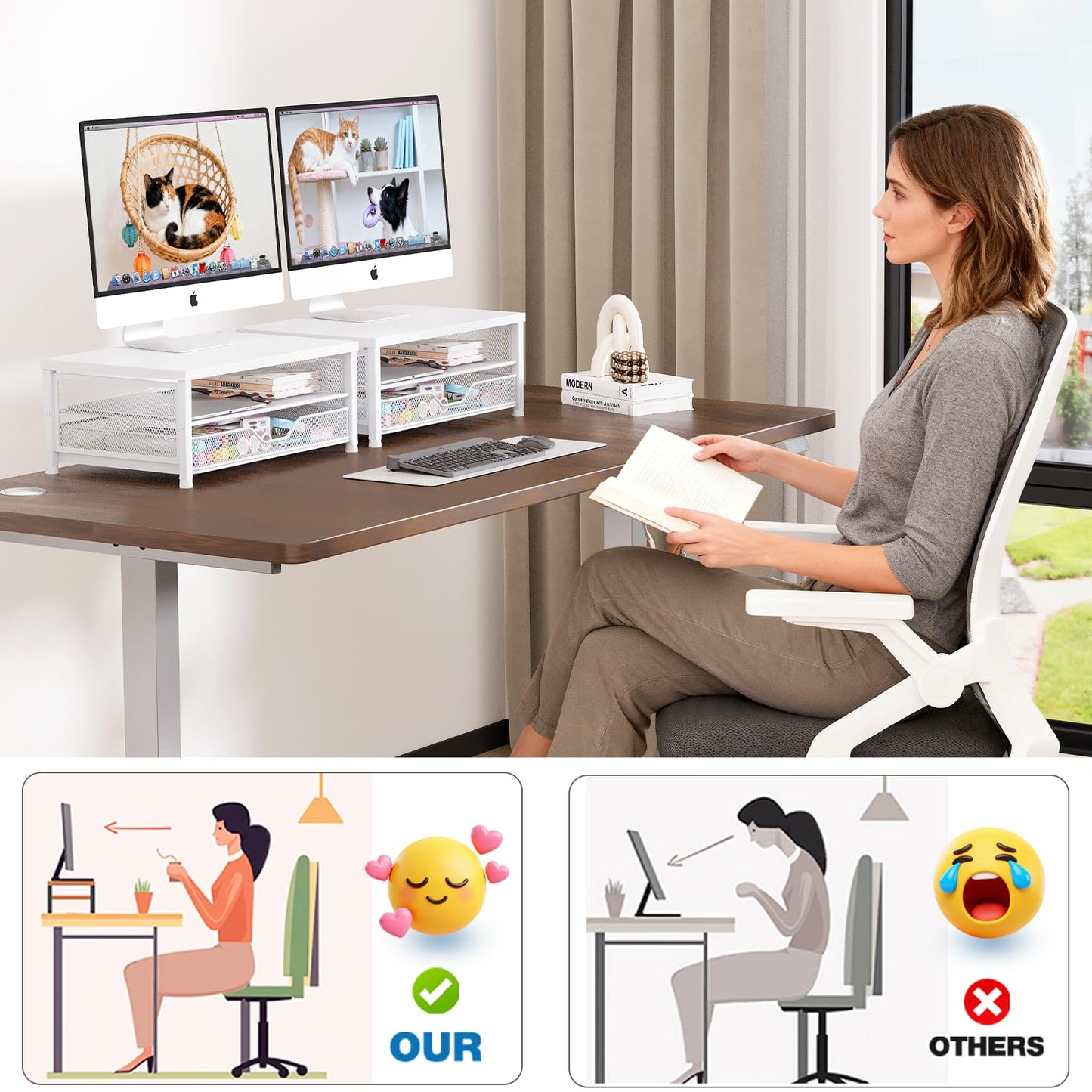 OPNICE Computer Monitor Stand Riser, Desk Organizer with Drawer, Printer & Laptop Stand, Office Desk Accessories & Workspace Desktop Organizers Storage for Office Supplies(White)