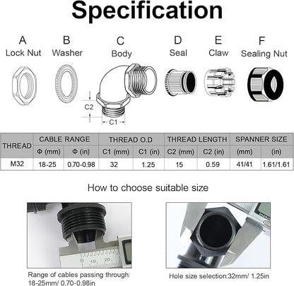 LeMotech M32 Cable Gland, 90 Degree Adjustable 18-25mm Strain Relief, Cord Connectors Nylon Joints with Gaskets, 2 Pcs, Black