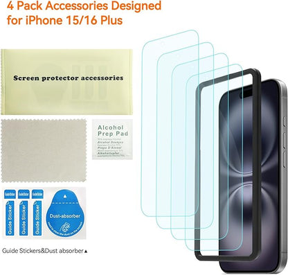 4 Pack Anti Blue Light Screen Protector for iPhone 16 plus /15 plus [6.7inch] with Installation Frame,9H+ Anti Blue Light Tempered Glass, Anti-Scratch, Case Friendly