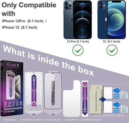 2 Pack Screen Protector for iPhone 12 Pro/iPhon 12, 9H Tempered Glass, Full Coverage, Anti-Fingerprint, Auto Dust-Elimination, No Bubble, Easy Installation