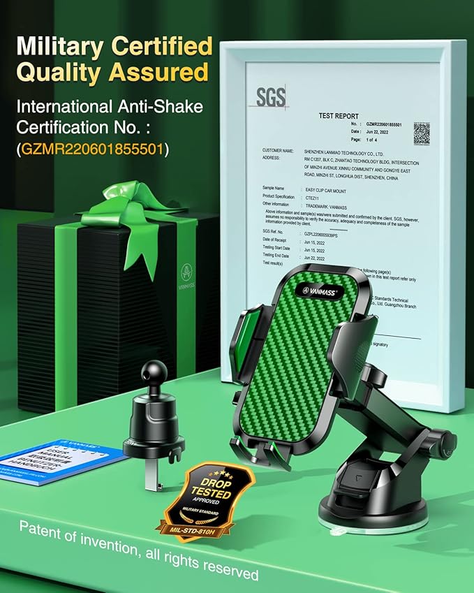 VANMASS [Longest Lasting] True Military-Grade Car Phone Holder Strongest Suction & Clip Cell Mount Dashboard Windshield Vent Automobile Cradle Truck Accessories for iPhone 16 15 Pro Max 14 13 Android