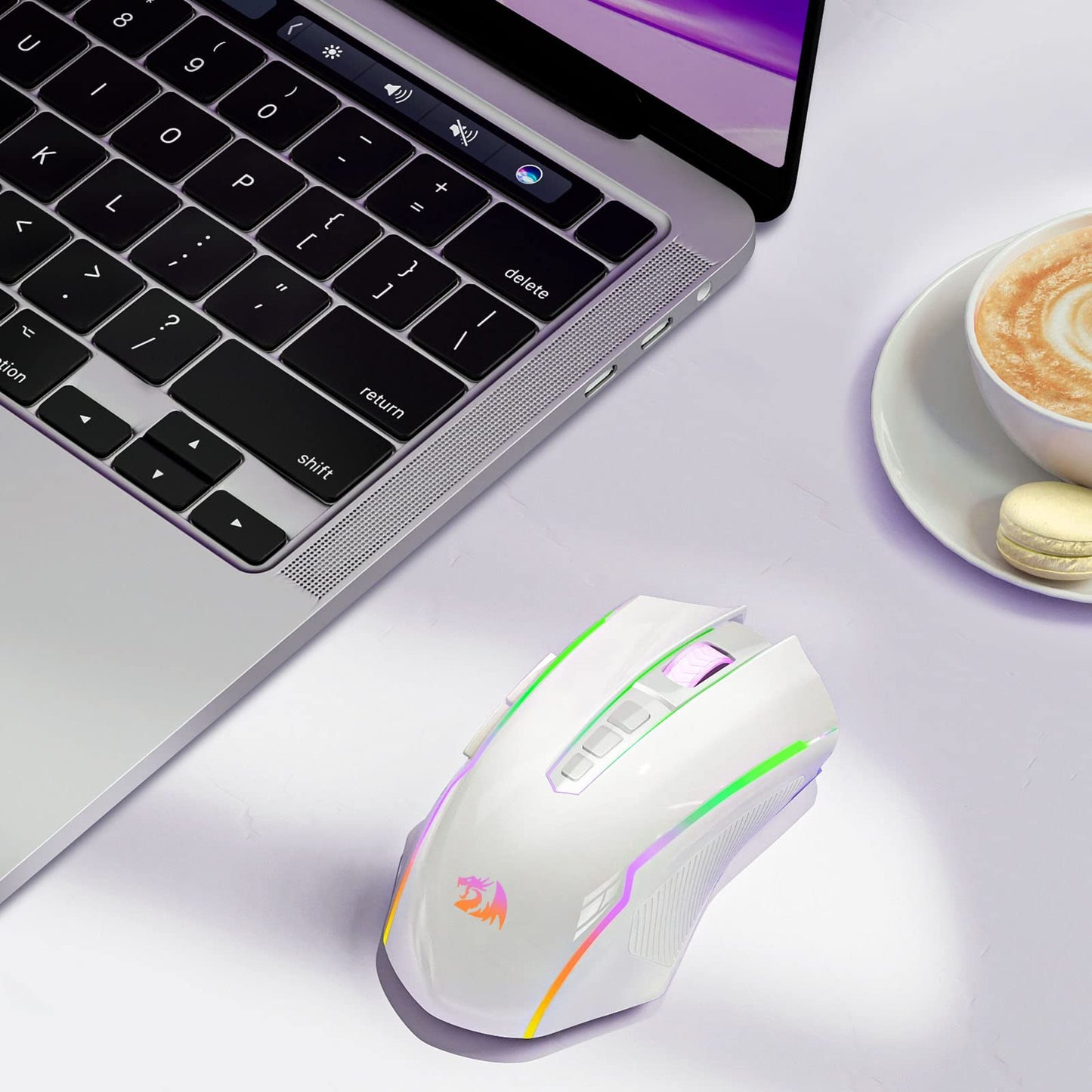 Redragon Wireless Gaming Mouse with RGB Backlit, 8000 DPI, with Fire Button, Macro Editing Programmable,70Hrs for Windows/Mac, Rechargeable, White, M910-WS