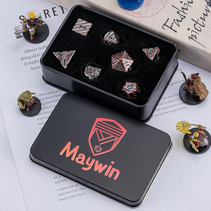 Metal Dice Set DND,Metallic Glitter Stripes D&D Dice Set,7 PCS Polyhedral Dice Set with Gift Case for Dungeons and Dragons Tabletop Game(Black Nickel Red)
