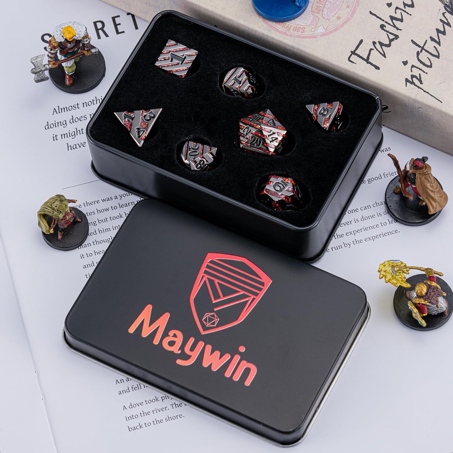 Maywin Decorative Inlay Metal Dice Set 7pcs, Heavy Metal RPG Dice for DND Players and Collectors
