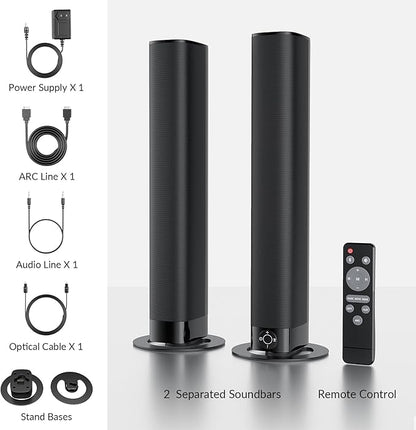 Sound Bar for Smart TV, Soundbar with Bluetooth/ARC/Opt/AUX Connect, Auto Volume Boost, 3 Equalizer Modes, 2 in 1 Detachable Soundbar for TV/PC/Gaming/Projectors