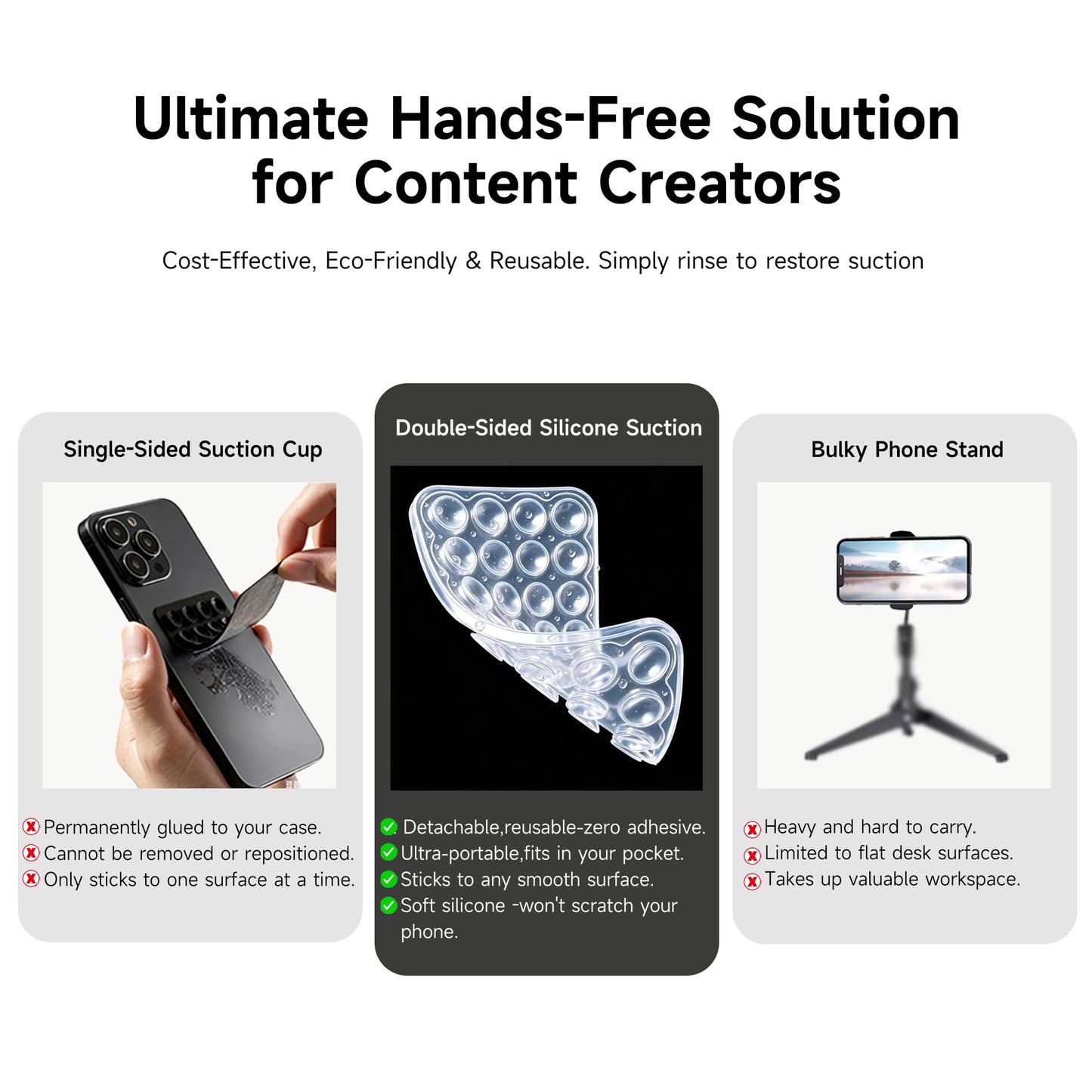 DreamsLink.LC Silicone Double-Sided Suction Phone Detachable Mount, Fidget Sticky Grip Hands-Free for Makeup, Gym, Cooking, ASMR/TikTok Recording & Selfie, Content Creator Trendy Gift (Clear,Small)