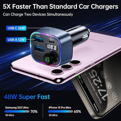 Syncwire Bluetooth 5.3 FM Transmitter Car Adapter 48W(PD 36W & 12W) [Light Switch] [Hi-Fi Deep Bass] [Fast Charging] Wireless Radio Music Adapter LED Display Hands-Free Calling Support USB Drive