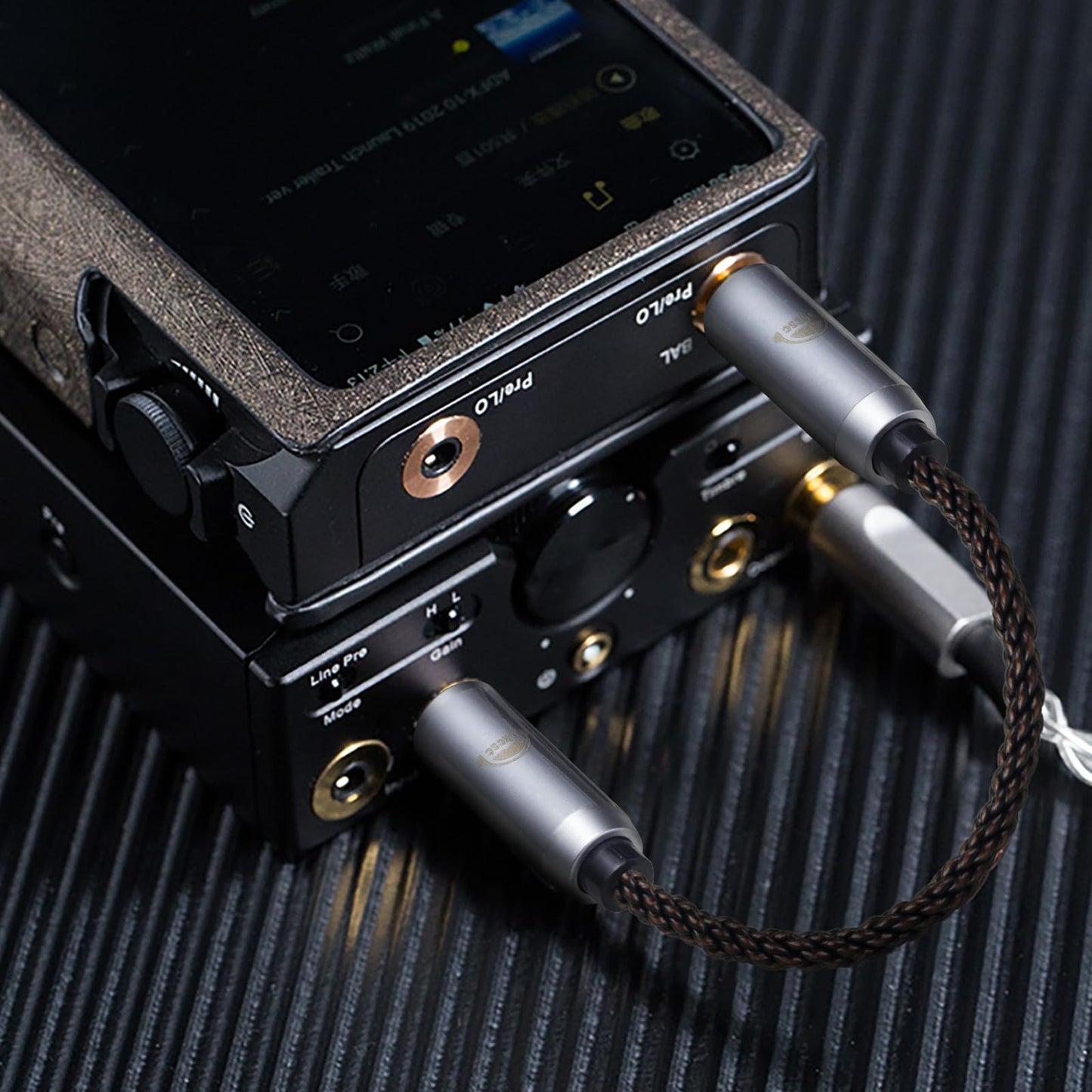 okcsc 4.4MM Male to 3.5MM Pro Male Ultra Short Hifil Male to Male AUX Audio Cable OFC Pair Recording Cable Wire-Breakage-Prevention Design Adoption of 8-Core Braided Structure 5.82 inch
