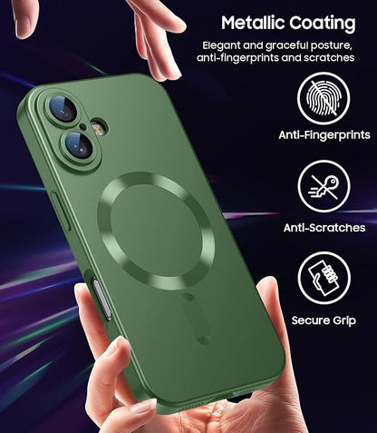 Magnetic for iPhone 16 Case [Compatible with MagSafe][Built-in Camera Lens Protector] Slim Soft Silicone Bumper Shockproof Metallic Luster Phone Case (Green)
