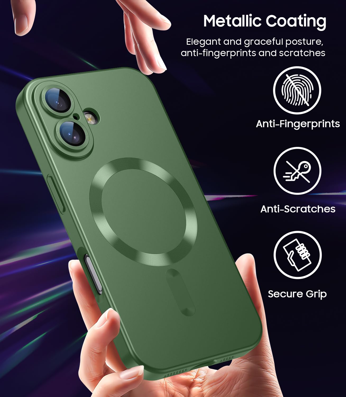 LEKEVO Magnetic for iPhone 16 Case [Compatible with MagSafe][Built-in Camera Lens Protector] Slim Soft Silicone Bumper Shockproof Metallic Luster Phone Case (Green)