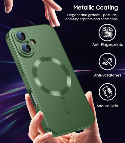 LEKEVO Magnetic for iPhone 16 Case [Compatible with MagSafe][Built-in Camera Lens Protector] Slim Soft Silicone Bumper Shockproof Metallic Luster Phone Case (Green)