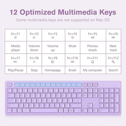 LeadsaiL Purple Wireless Keyboard, 2.4GHz Full-Sized Ergonomic Computer Keyboard, Cordless Noiseless Keyboard,12 FN Shortcuts for Windows MacOS Laptop Computer