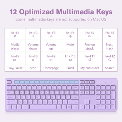 LeadsaiL Purple Wireless Keyboard, 2.4GHz Full-Sized Ergonomic Computer Keyboard, Cordless Noiseless Keyboard,12 FN Shortcuts for Windows MacOS Laptop Computer