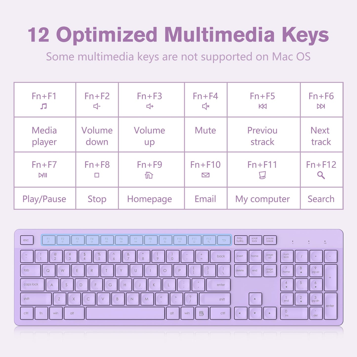 LeadsaiL Purple Wireless Keyboard, 2.4GHz Full-Sized Ergonomic Computer Keyboard, Cordless Noiseless Keyboard,12 FN Shortcuts for Windows MacOS Laptop Computer