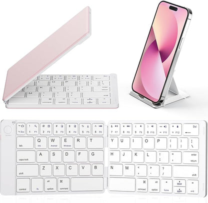 Samsers Foldable Bluetooth Keyboard - Portable Wireless Keyboards with Stand Holder, Rechargeable Full Size Ultra Slim Folding for iOS Android Windows Smartphone Tablet and Laptop, White-Pink