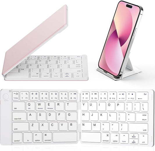 Samsers Foldable Bluetooth Keyboard - Portable Wireless Keyboard with Stand Holder, Rechargeable Full Size Ultra Slim Folding for iOS Android Windows Smartphone Tablet and Laptop, White Pink